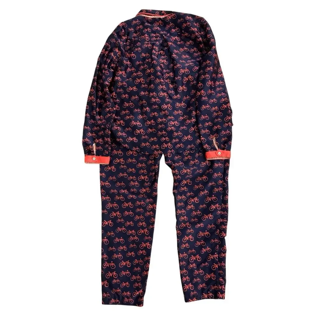 Anthropologie Bicycle Print Pajama Set Women’s Small Navy Pink Lounge Satin